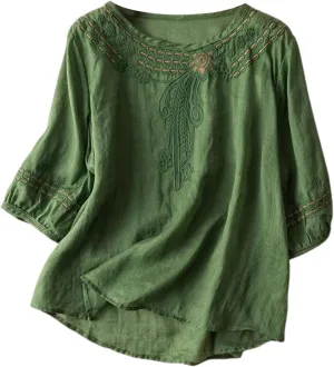 Linen Shirts for Women Summer Flowy Embroidered Cotton Peasant Top 2025 Elbow Sleeve Cute Boho Tunic Dressy Shirt