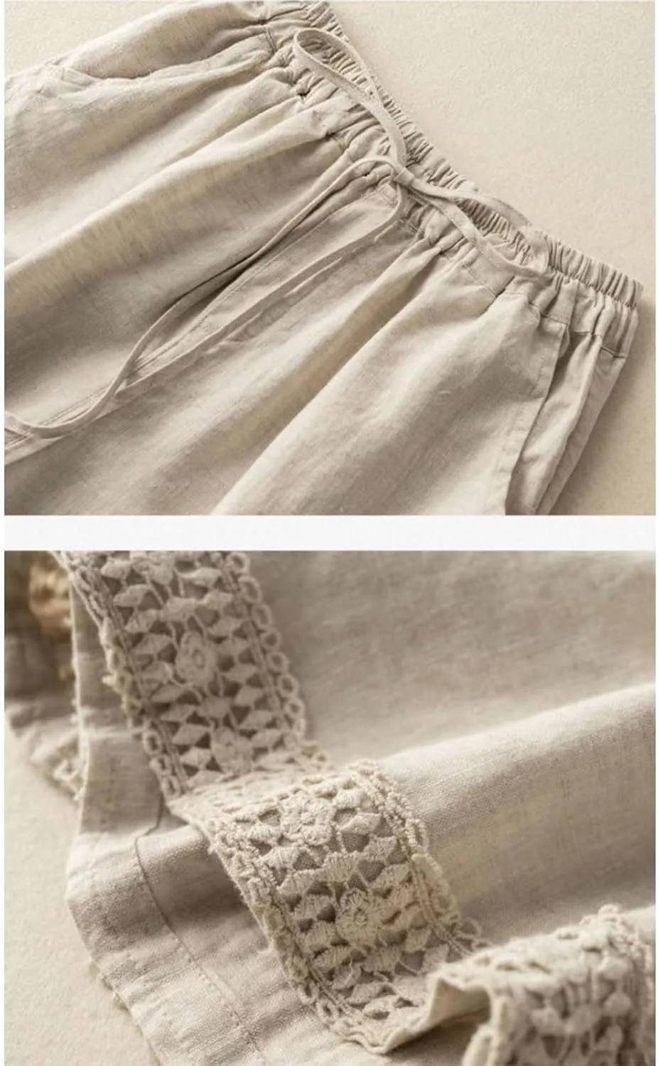 Linen Shorts for Women 2025 Summer Casual Lace Embroidery Shorts Comfy Elastic Waist Gauze Lounge Short with Pockets
