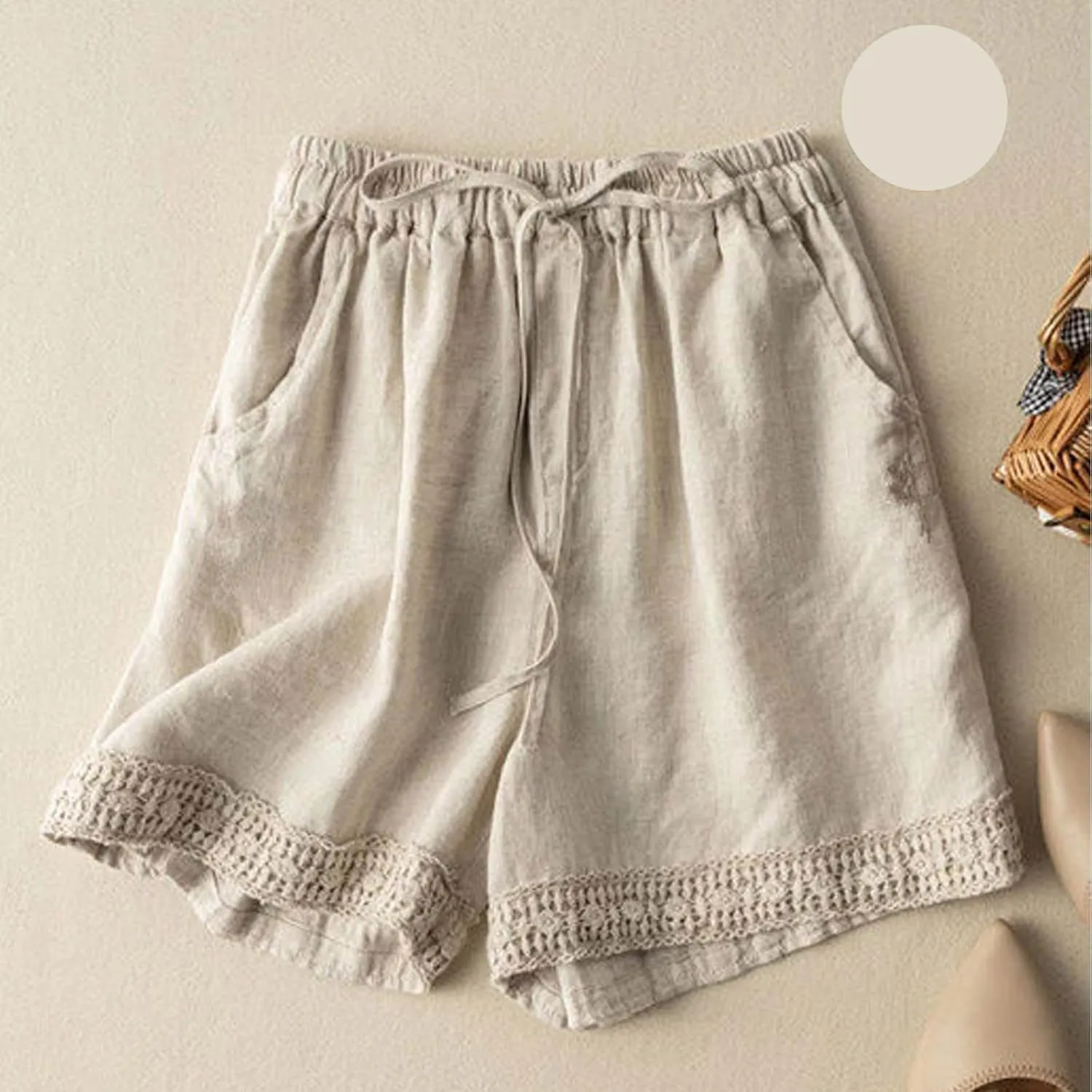 Linen Shorts for Women 2025 Summer Casual Lace Embroidery Shorts Comfy Elastic Waist Gauze Lounge Short with Pockets