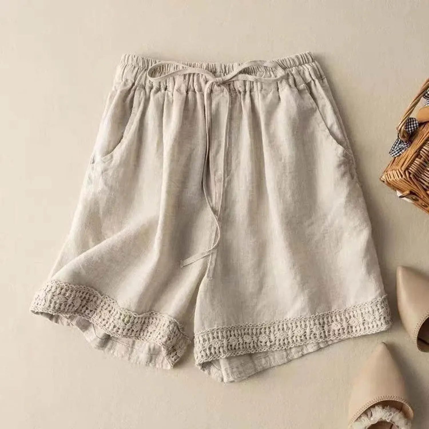 Linen Shorts for Women 2025 Summer Casual Lace Embroidery Shorts Comfy Elastic Waist Gauze Lounge Short with Pockets