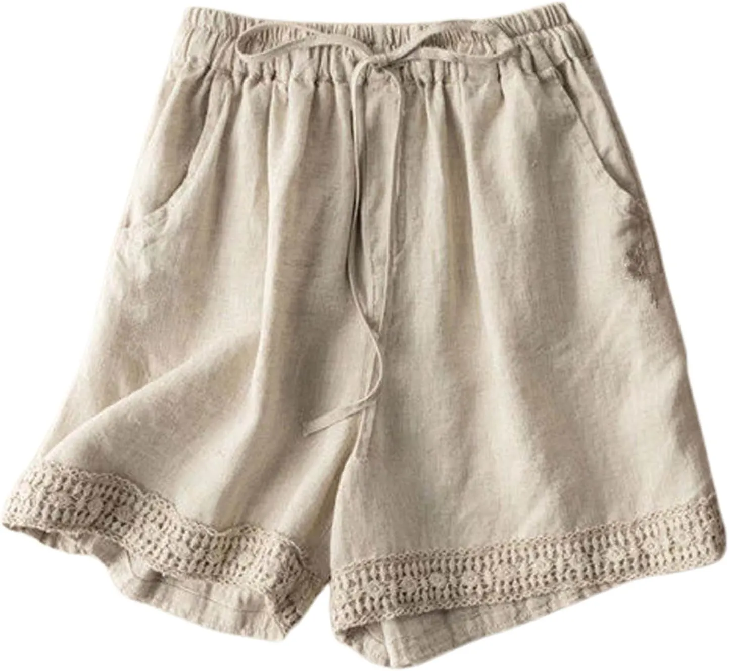 Linen Shorts for Women 2025 Summer Casual Lace Embroidery Shorts Comfy Elastic Waist Gauze Lounge Short with Pockets