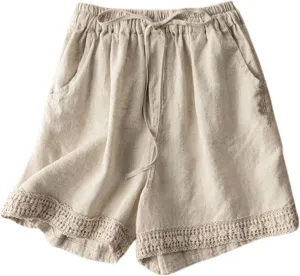 Linen Shorts for Women 2025 Summer Casual Lace Embroidery Shorts Comfy Elastic Waist Gauze Lounge Short with Pockets