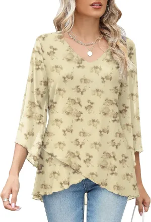 LOMON Women's 3/4 Sleeve V Neck Blouse Business Casual Mesh Tunic Tops Loose Fit Double Layered Shirts