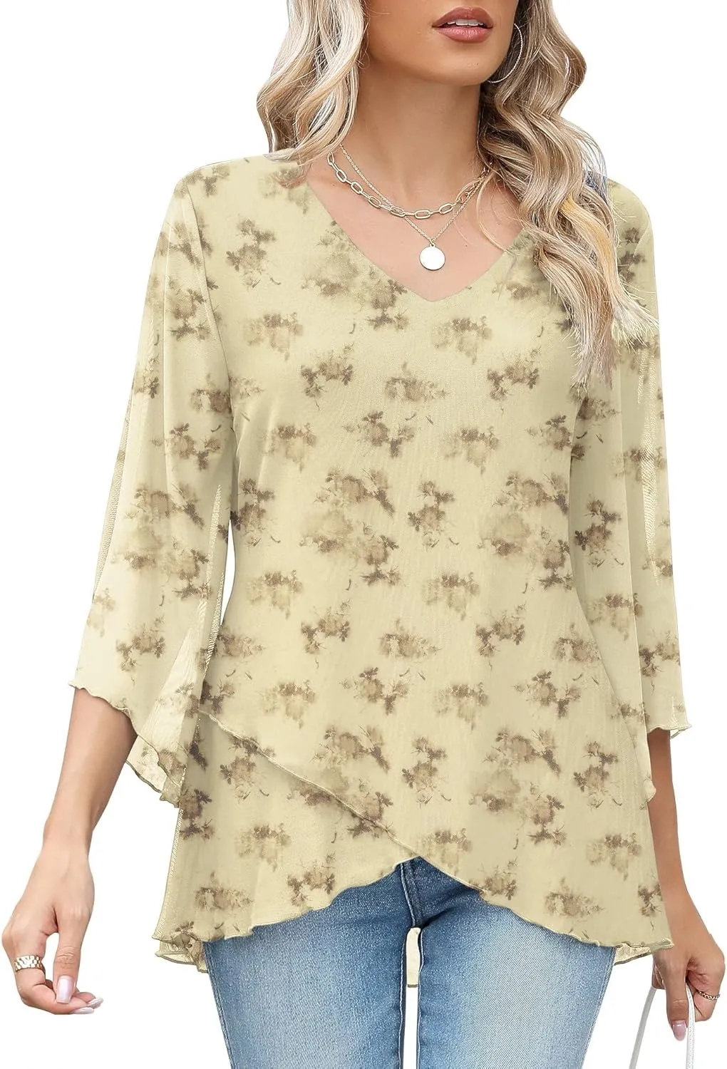 LOMON Women's 3/4 Sleeve V Neck Blouse Business Casual Mesh Tunic Tops Loose Fit Double Layered Shirts