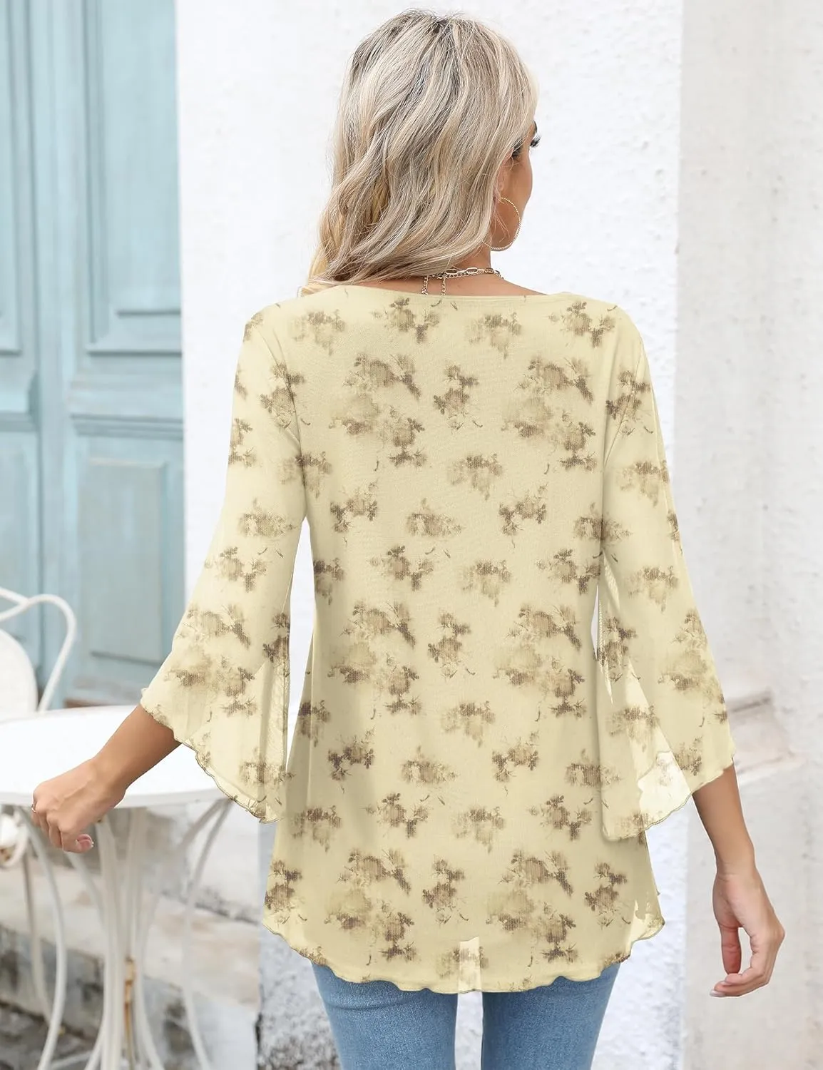 LOMON Women's 3/4 Sleeve V Neck Blouse Business Casual Mesh Tunic Tops Loose Fit Double Layered Shirts
