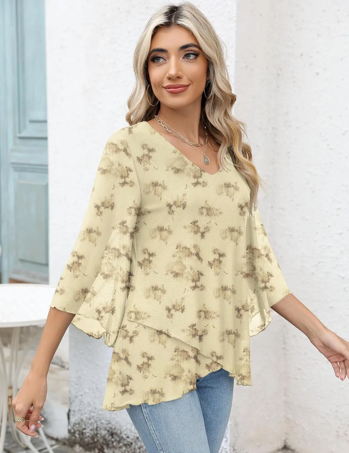 LOMON Women's 3/4 Sleeve V Neck Blouse Business Casual Mesh Tunic Tops Loose Fit Double Layered Shirts
