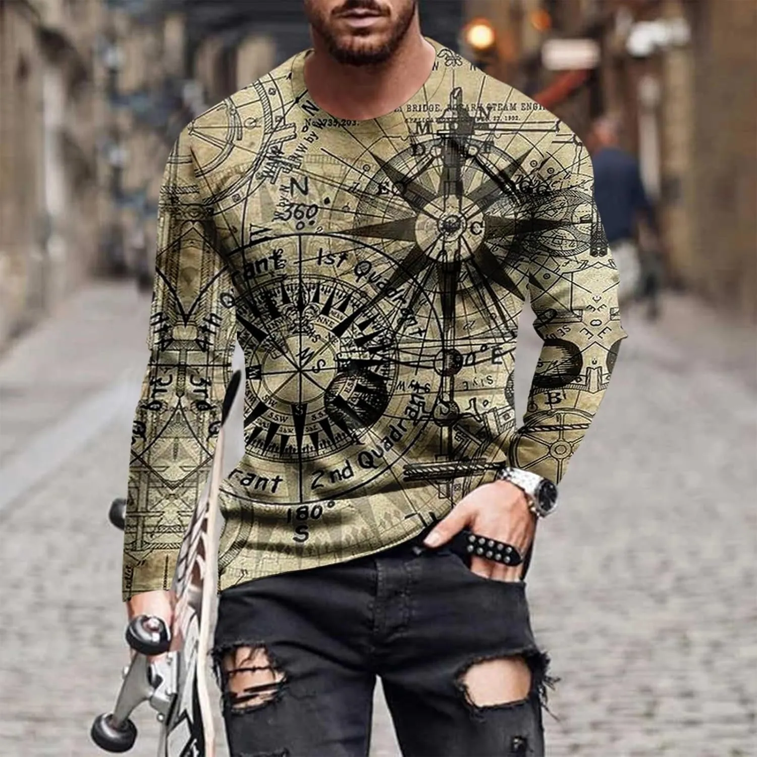 Men's 2023 Autumn Casual T Shirt Graphic Abstract Long Sleeve Print Fashion Shirts Designer Vintage Blouse Tops