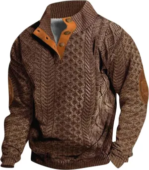Men's Cable Knit Pullover Sweater Casual Long Sleeve Stand Collar Button Up Knitted Hen ley Pullover