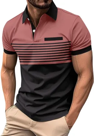 Men's Classic Collar Tshirts Strips Contrast Color Patchwork Pullover Summer Shirts Causal Short Sleeve