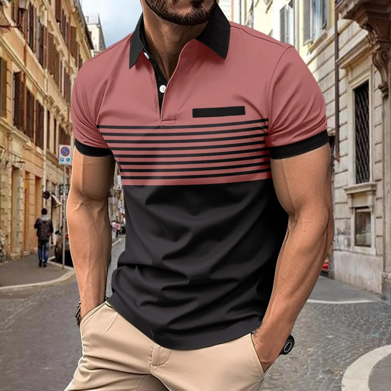 Men's Classic Collar Tshirts Strips Contrast Color Patchwork Pullover Summer Shirts Causal Short Sleeve