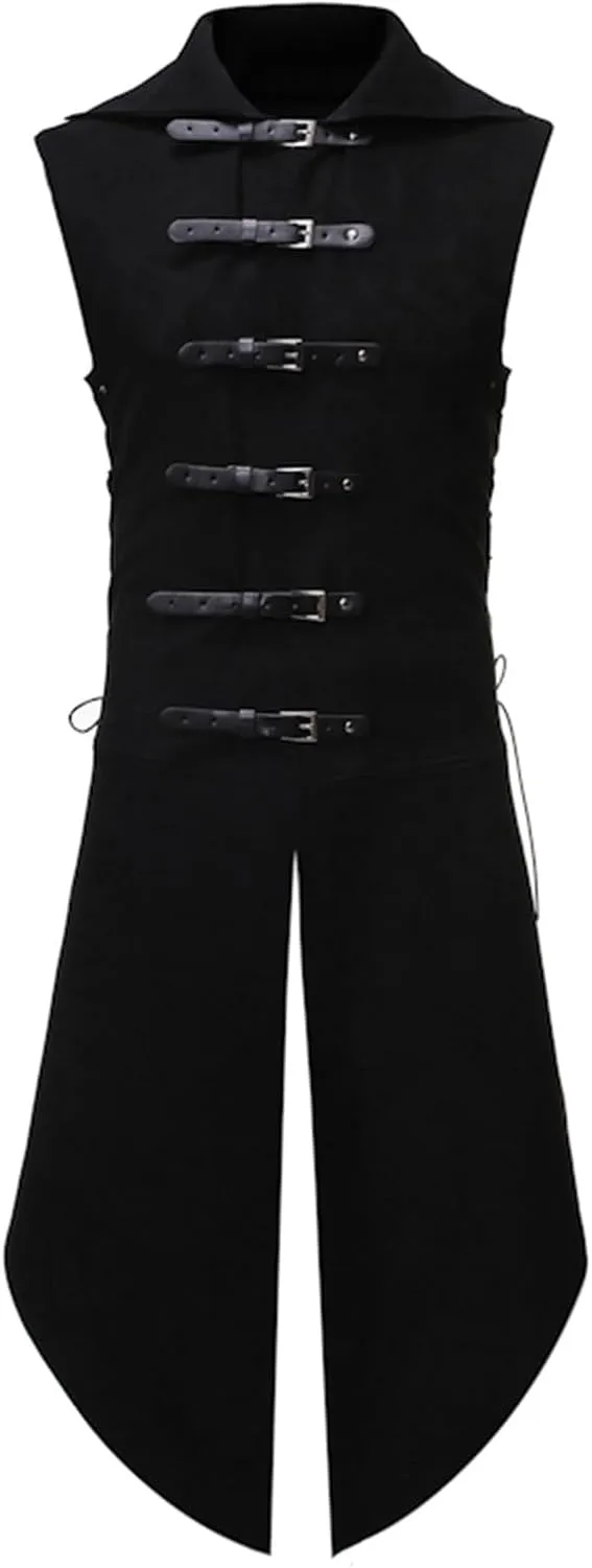 Mens Gothic Steampunk Vest Vintage Tailcoat Jacket Waistcoat Band Collar Sleeveless Coat Victorian Medieval Long Trench Coats