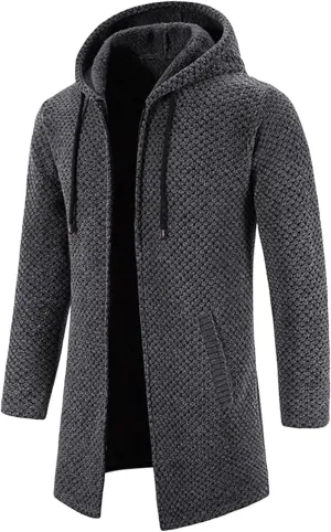Mens Long Hooded Cardigan 2023 Winter Warm Sweater Coat Lightweight Knit Jacker Full Zip Up Drape Cape Overcoat with Pockets