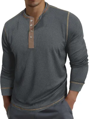 Men's Long Sleeve Waffle Henley Shirts Fashion Vintage Color Block Plaid Button T-Shirt Lightweight Pullover Shirt