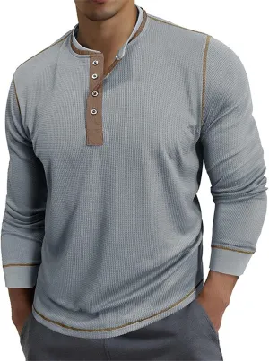 Men's Long Sleeve Waffle Henley Shirts Fashion Vintage Color Block Plaid Button T-Shirt Lightweight Pullover Shirt