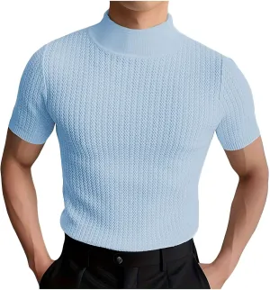 Men's Mock Turtleneck Sweater Short Sleeve Casual Basic Tops Jacquard Knit Pullover Tee Fitted Textured Undershirts