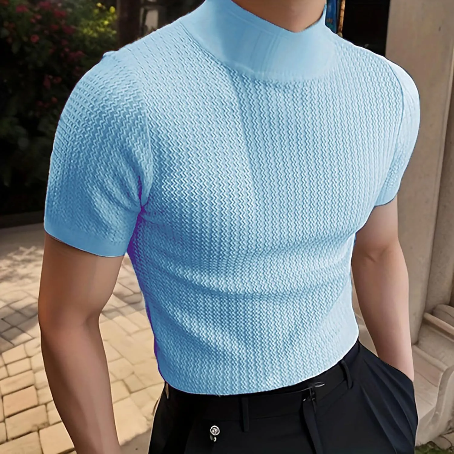 Men's Mock Turtleneck Sweater Short Sleeve Casual Basic Tops Jacquard Knit Pullover Tee Fitted Textured Undershirts