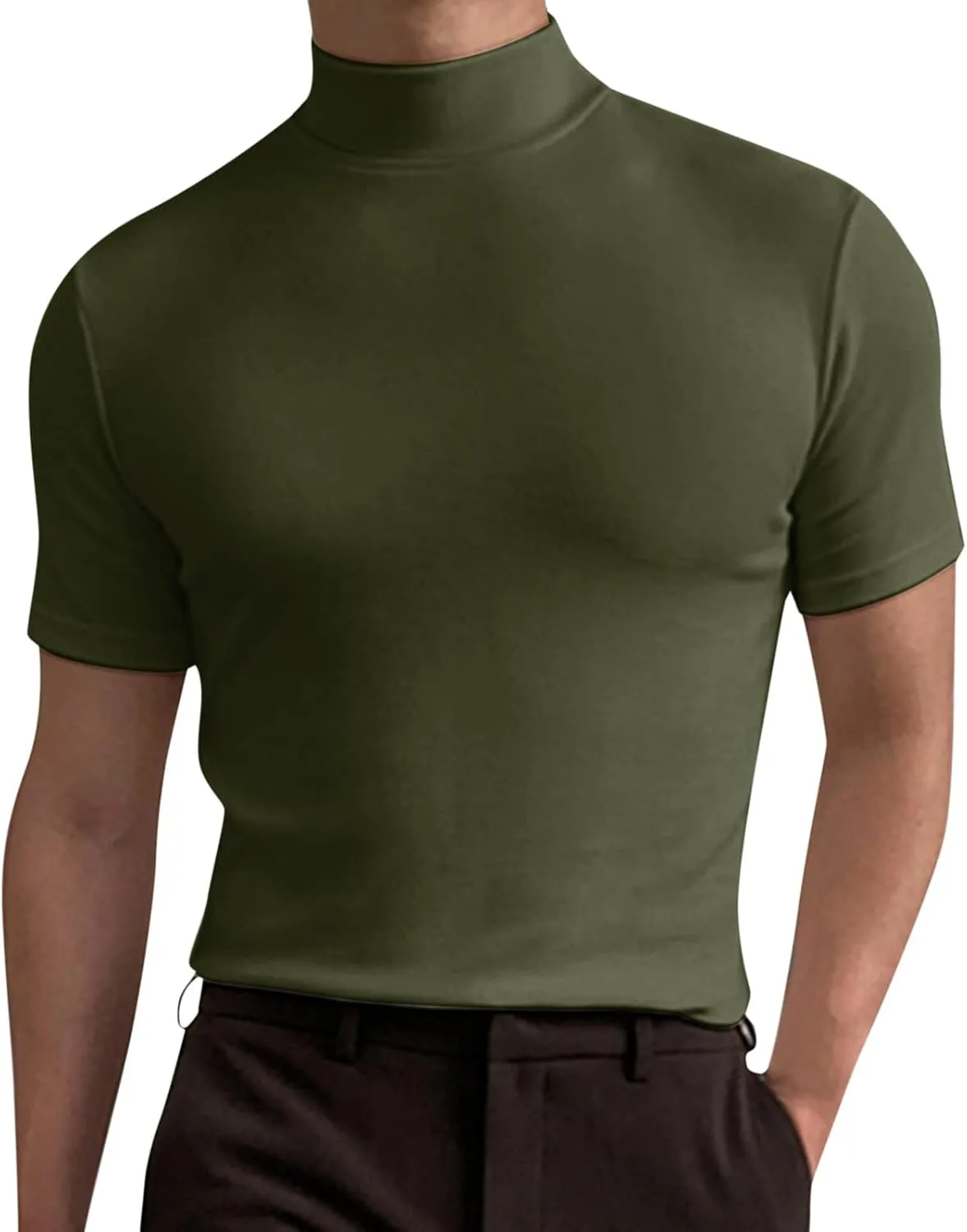 Men's Summer Mock Turtleneck T Shirt Solid High Collar Short Sleeve Tops Basic Slim Undershirt Tees