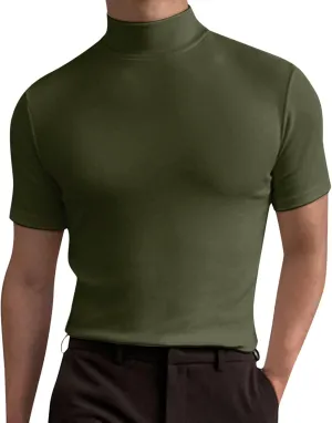 Men's Summer Mock Turtleneck T Shirt Solid High Collar Short Sleeve Tops Basic Slim Undershirt Tees