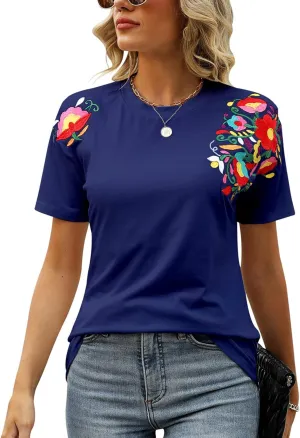 Mexican Shirts for Women Embroidered Tops Traditional Summer Blouse Women's Floral Tunic Round Neck Short Sleeve