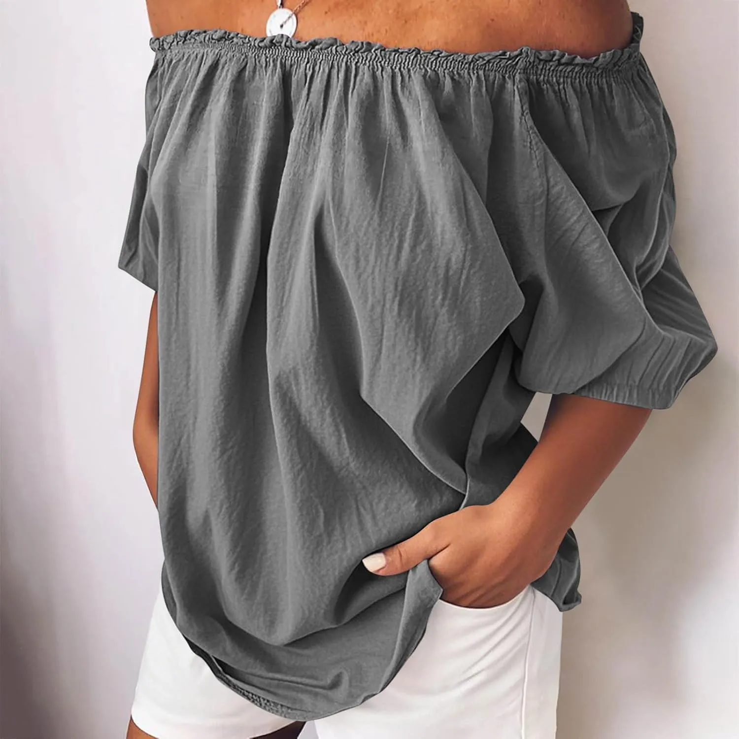 Off Shoulder Tops for Women Trendy Cotton Linen Oversized Tops Elastic Ruffle Trim Shirts Summer Loose Fit Blouse Top