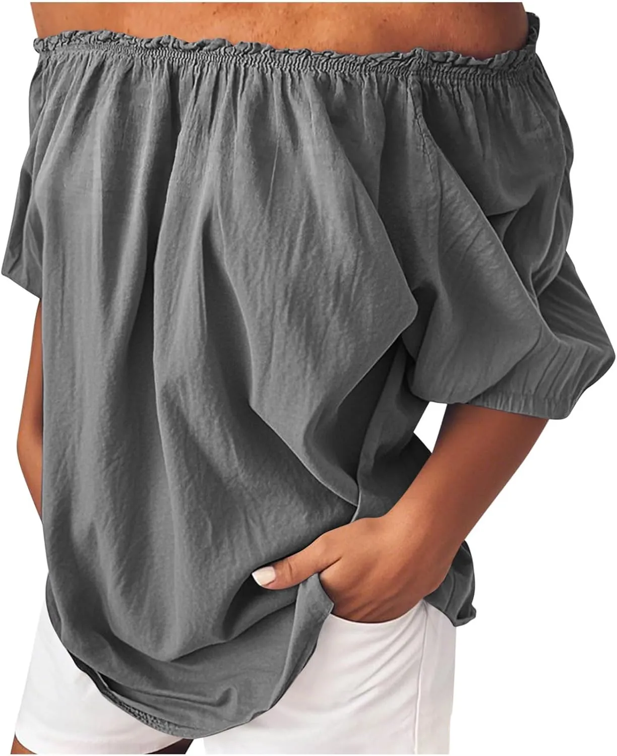 Off Shoulder Tops for Women Trendy Cotton Linen Oversized Tops Elastic Ruffle Trim Shirts Summer Loose Fit Blouse Top
