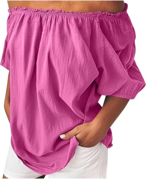 Off Shoulder Tops for Women Trendy Cotton Linen Oversized Tops Elastic Ruffle Trim Shirts Summer Loose Fit Blouse Top