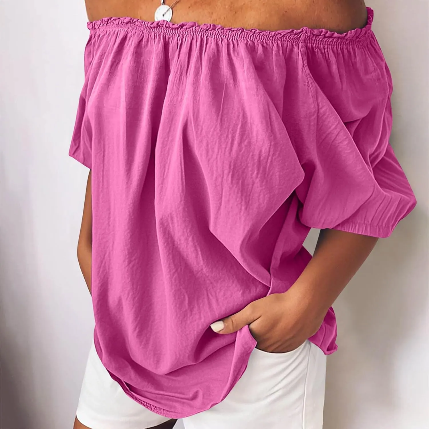 Off Shoulder Tops for Women Trendy Cotton Linen Oversized Tops Elastic Ruffle Trim Shirts Summer Loose Fit Blouse Top