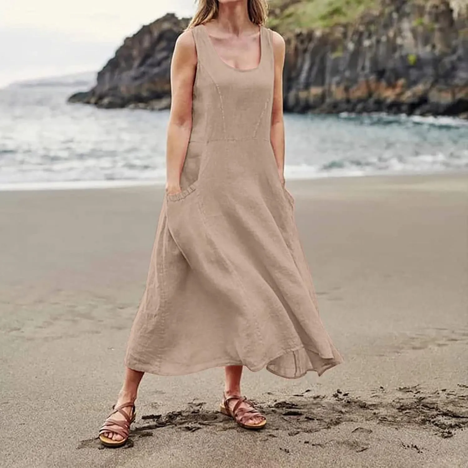 Plus Size Cotton Linen Summer Dresses for Curvy Women 2025 Sleeveless Maxi Vacation Beach Sundresses with Pockets