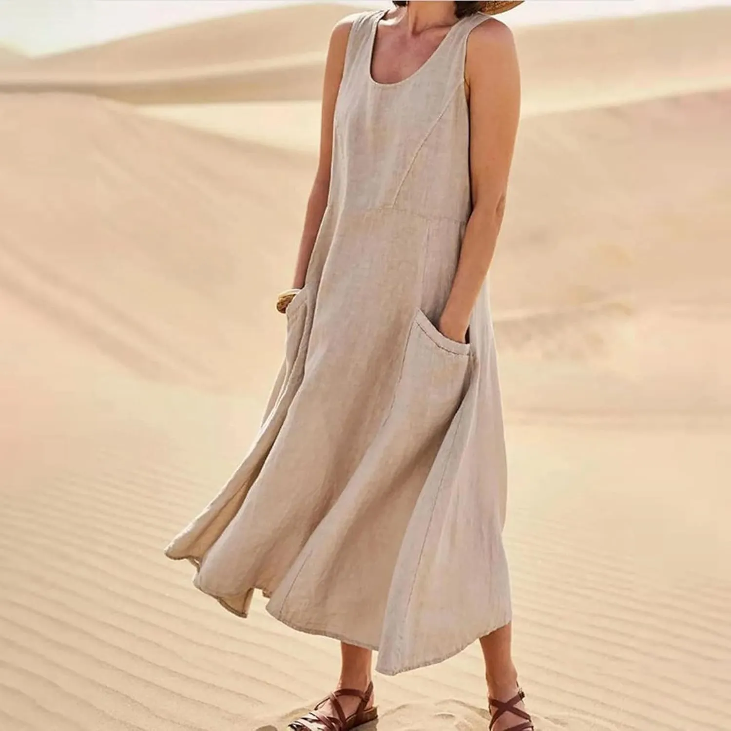 Plus Size Cotton Linen Summer Dresses for Curvy Women 2025 Sleeveless Maxi Vacation Beach Sundresses with Pockets