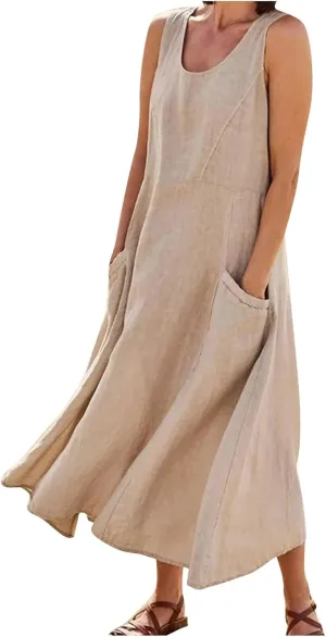 Plus Size Cotton Linen Summer Dresses for Curvy Women 2025 Sleeveless Maxi Vacation Beach Sundresses with Pockets