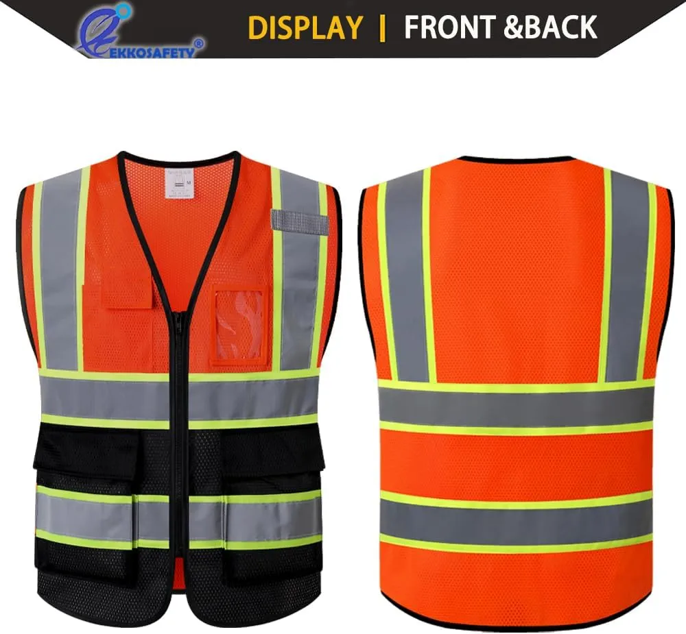 Reflective Mesh Safety Vest for Men Women with 5 Pockets and Zipper Front High Visibility Mesh Vest Hi Vis Construction Work Vest,Meets ANSI/ISEA Standards(EK175-Orangeblack-L)