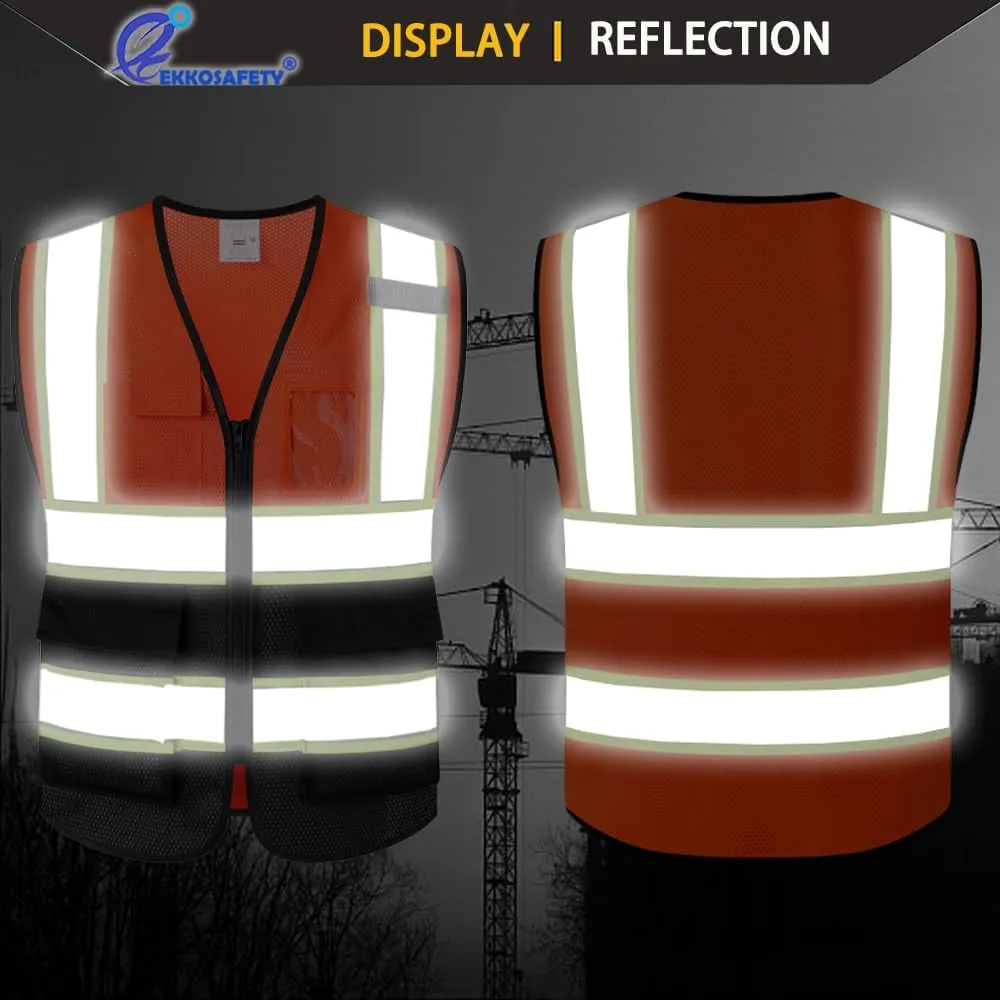 Reflective Mesh Safety Vest for Men Women with 5 Pockets and Zipper Front High Visibility Mesh Vest Hi Vis Construction Work Vest,Meets ANSI/ISEA Standards(EK175-Orangeblack-L)