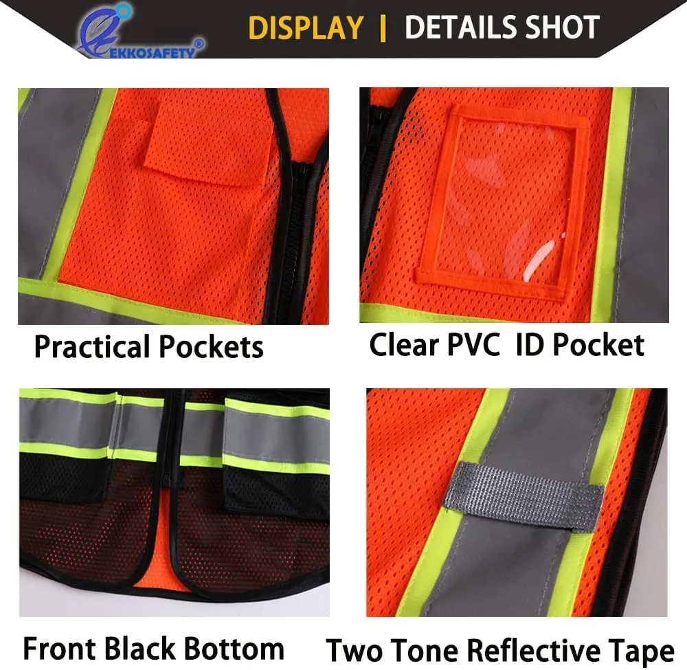 Reflective Mesh Safety Vest for Men Women with 5 Pockets and Zipper Front High Visibility Mesh Vest Hi Vis Construction Work Vest,Meets ANSI/ISEA Standards(EK175-Orangeblack-L)