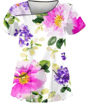 Scrubs for Women Short Sleeve Slant Collar Care Workwear Dressy Print T Shirts Classic Scrubs Tops with 4 Pockets