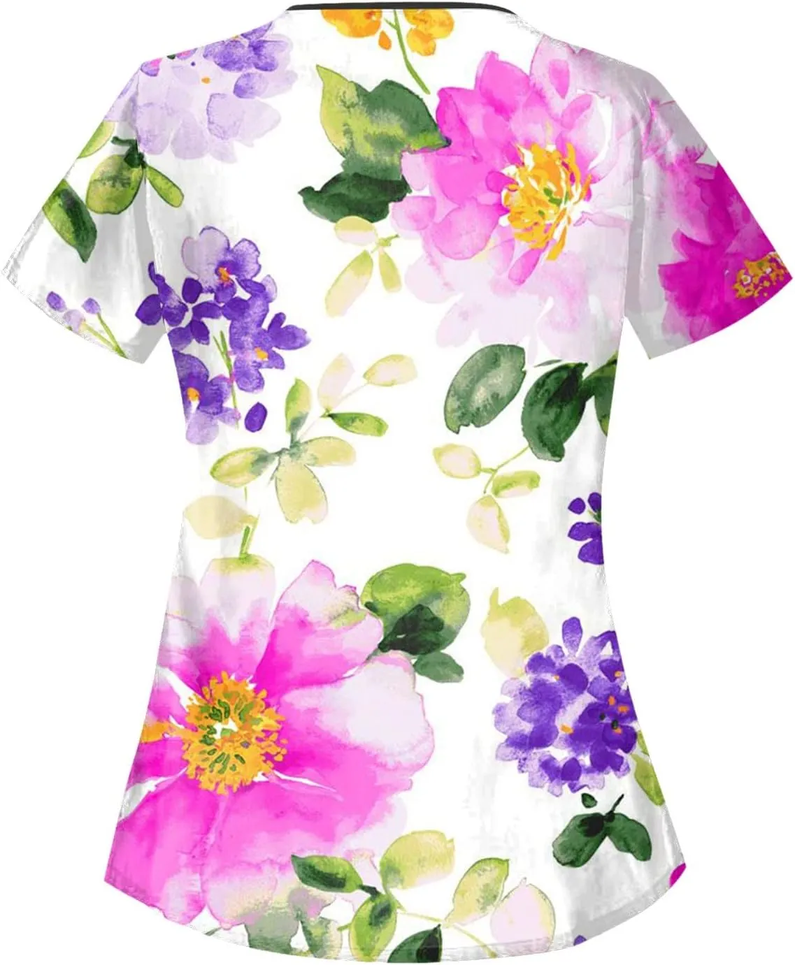 Scrubs for Women Short Sleeve Slant Collar Care Workwear Dressy Print T Shirts Classic Scrubs Tops with 4 Pockets