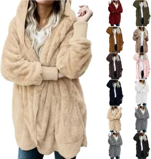 Sherpa Jacket Women Fuzzy Fleece Oversized Open Front Cardigan Hooded Soft Fluffy Robe Winter Coats with Pockets