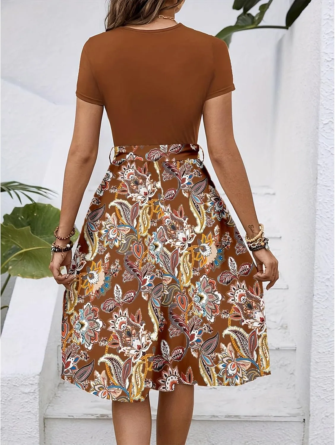 Short Sleeve Dress for Women Empire Waist Summer Floral Dresses Flowy Crewneck Midi Length Belted Women's Sundresses