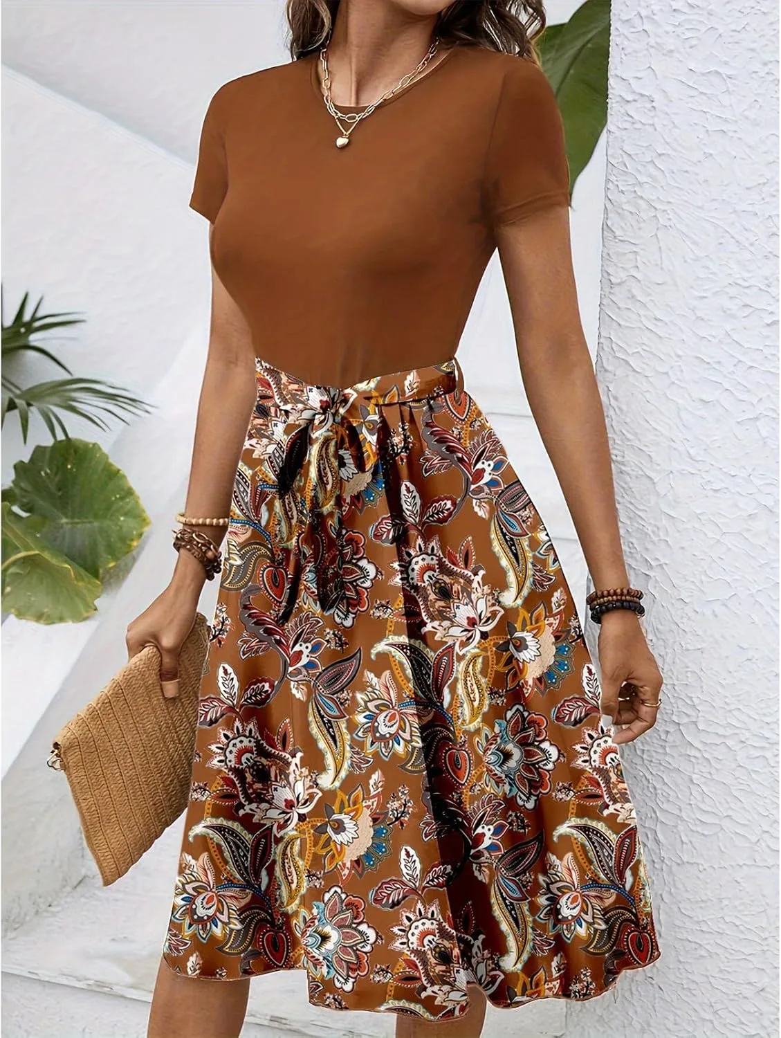 Short Sleeve Dress for Women Empire Waist Summer Floral Dresses Flowy Crewneck Midi Length Belted Women's Sundresses