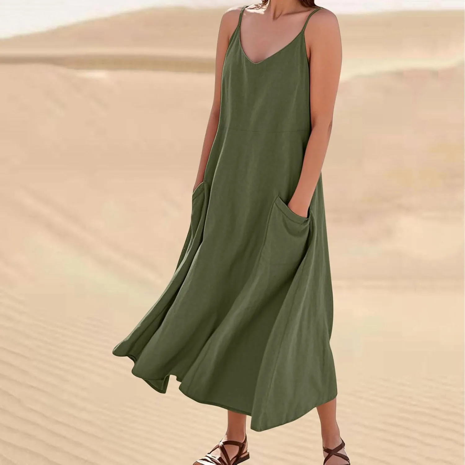 Summer Dresses for Women 2025 Trendy Adjustable Spaghetti Strap Slip Dress Flowy Maxi Linen Sundress with Pockets