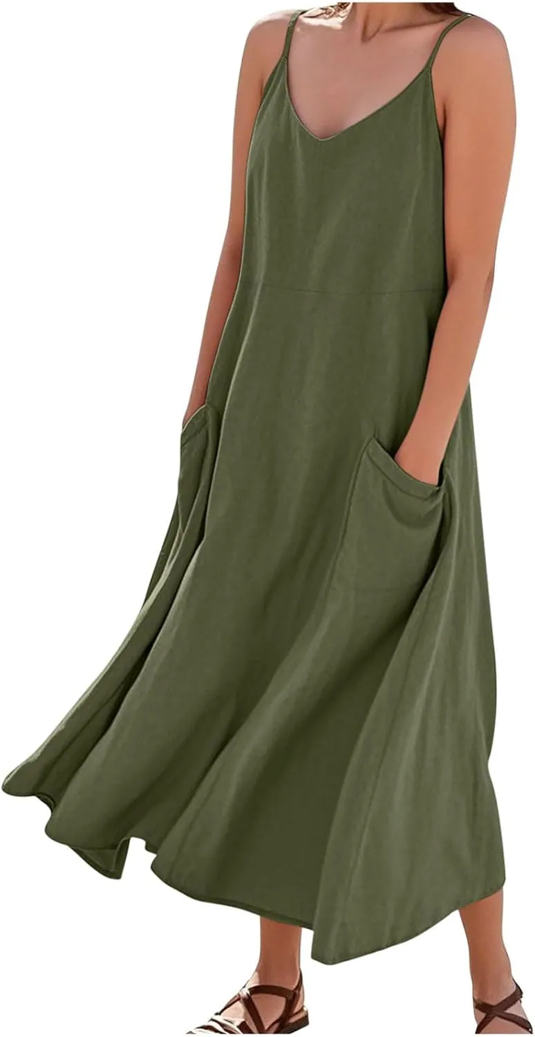 Summer Dresses for Women 2025 Trendy Adjustable Spaghetti Strap Slip Dress Flowy Maxi Linen Sundress with Pockets