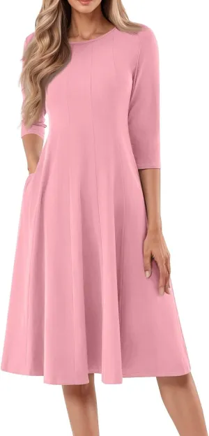 Summer Dresses for Women 2025,Casual Fashion Round Neck 3/4 Sleeve Multi Solid Color Printed A-Line Midi Dress