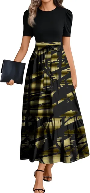 Summer Dresses for Women Floral Printrd A-Line Dress with Belt Flowy High Waist Maxi Dress Casual Elegant Long Dress