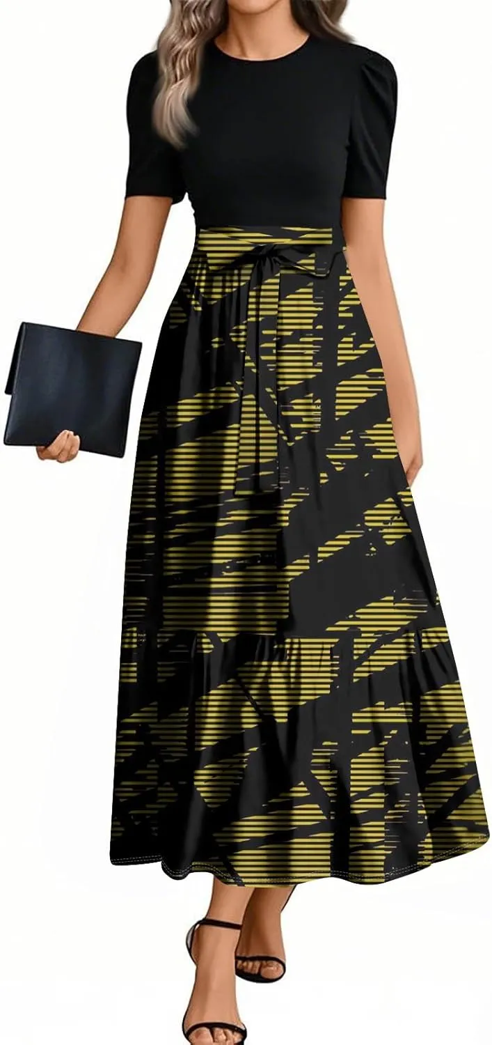 Summer Dresses for Women Floral Printrd A-Line Dress with Belt Flowy High Waist Maxi Dress Casual Elegant Long Dress