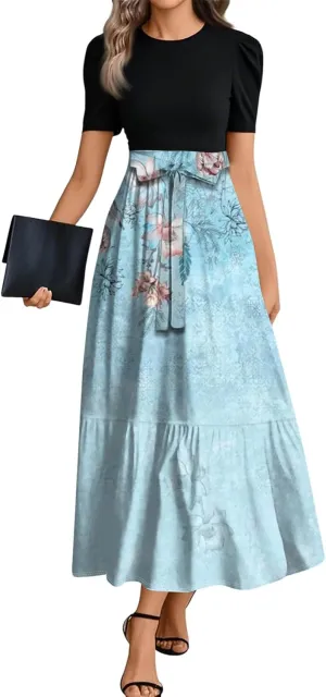 Summer Dresses for Women High Waist Elegant Dress with Belt Casual Floral Printrd Maxi Dress A-Line Flowy Long Dress