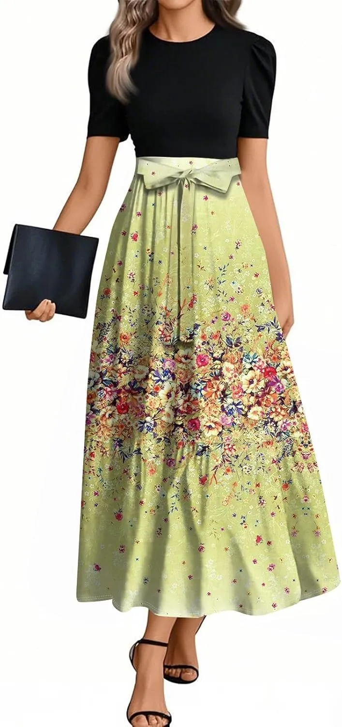 Summer Dresses for Women High Waist Elegant Dress with Belt Casual Floral Printrd Maxi Dress A-Line Flowy Long Dress