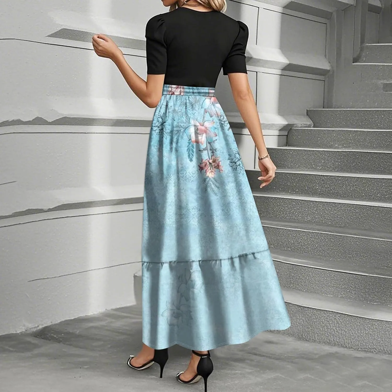 Summer Dresses for Women High Waist Elegant Dress with Belt Casual Floral Printrd Maxi Dress A-Line Flowy Long Dress