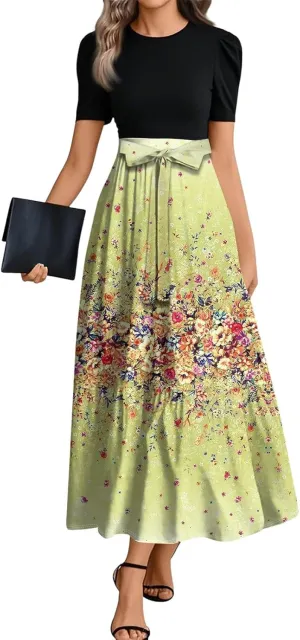 Summer Dresses for Women High Waist Elegant Dress with Belt Casual Floral Printrd Maxi Dress A-Line Flowy Long Dress