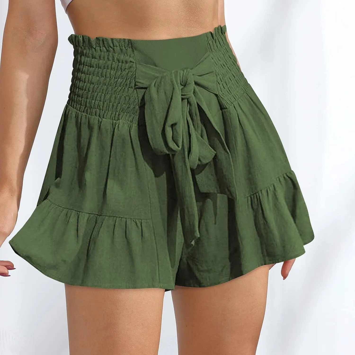 Summer Shorts for Women Smocked High Waist Flowy Shorts Comfy Elastic Waist Summer Ruffle Tiered Short with Pockets