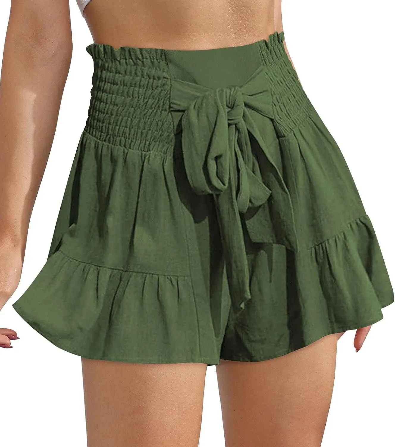 Summer Shorts for Women Smocked High Waist Flowy Shorts Comfy Elastic Waist Summer Ruffle Tiered Short with Pockets