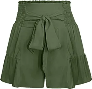Summer Shorts for Women Smocked High Waist Flowy Shorts Comfy Elastic Waist Summer Ruffle Tiered Short with Pockets